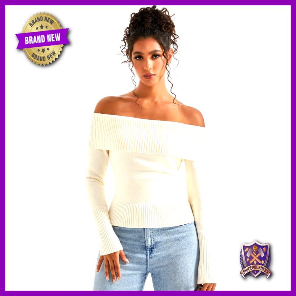 Off Shoulder Ribbed Knit Sweater Long Sleeve Pullover Fall Tops